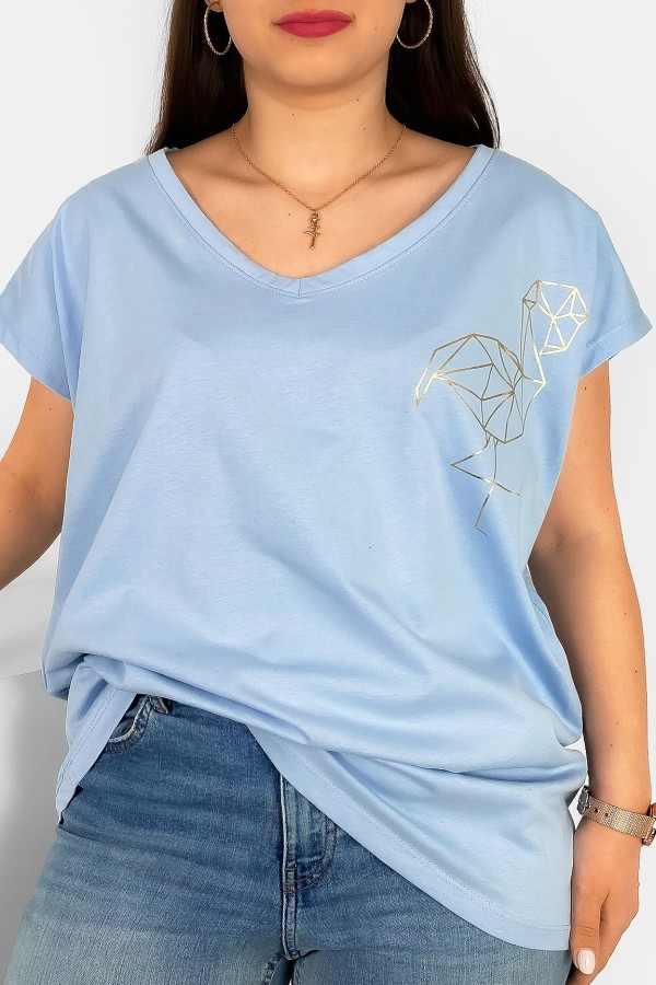 T-shirt damski plus size nietoperz dekolt w serek V-neck błękitny flamingo