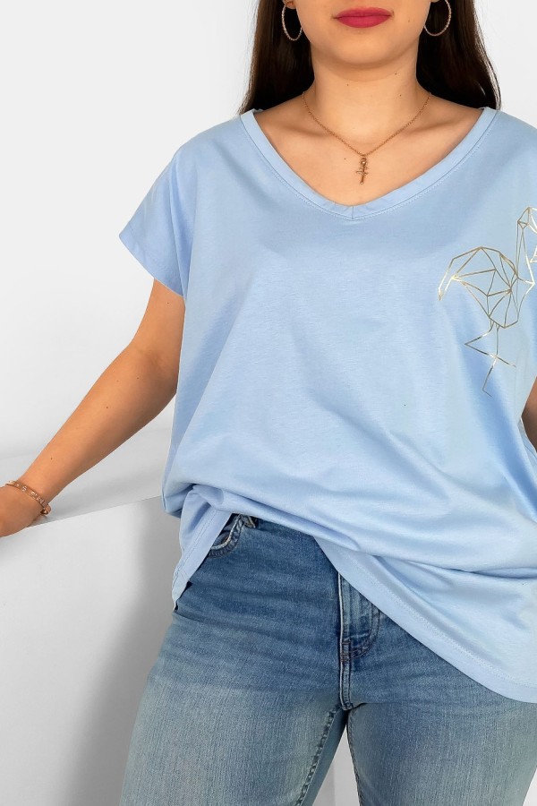 T-shirt damski plus size nietoperz dekolt w serek V-neck błękitny flamingo 1