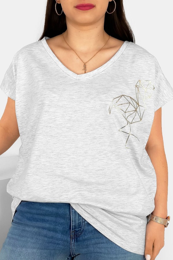 T-shirt damski plus size nietoperz dekolt w serek V-neck szary melanż flamingo