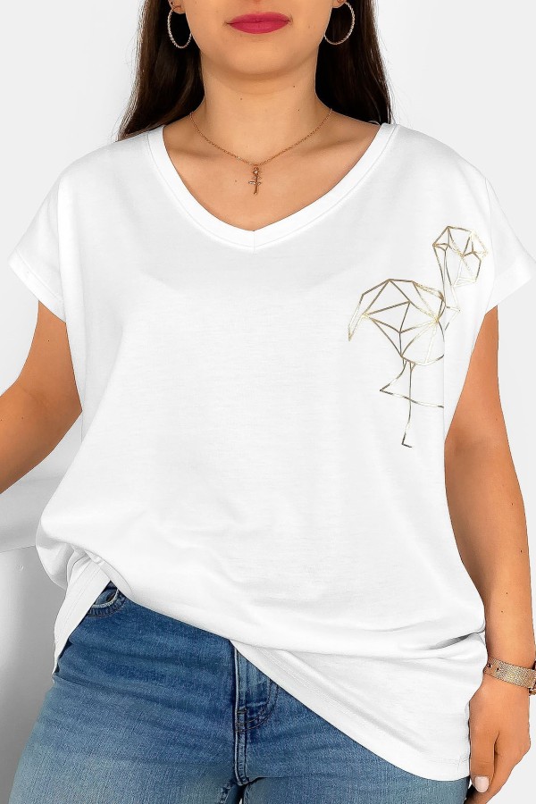 T-shirt damski plus size nietoperz dekolt w serek V-neck biały flamingo
