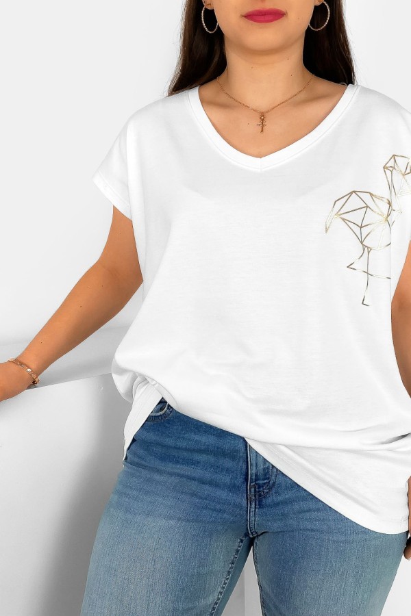 T-shirt damski plus size nietoperz dekolt w serek V-neck biały flamingo 1