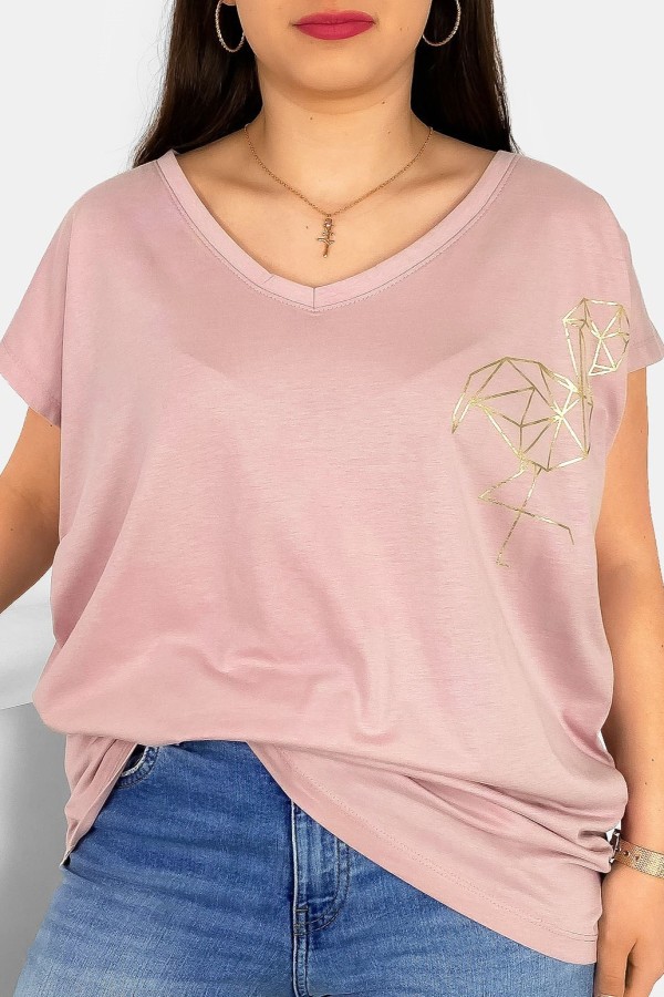 T-shirt damski plus size nietoperz dekolt w serek V-neck pudrowy flamingo