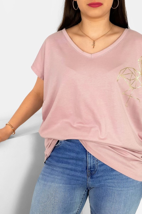 T-shirt damski plus size nietoperz dekolt w serek V-neck pudrowy flamingo 1