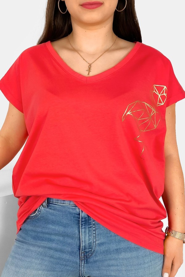 T-shirt damski plus size nietoperz dekolt w serek V-neck koralowy flamingo