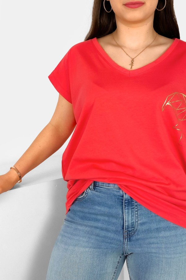 T-shirt damski plus size nietoperz dekolt w serek V-neck koralowy flamingo 1