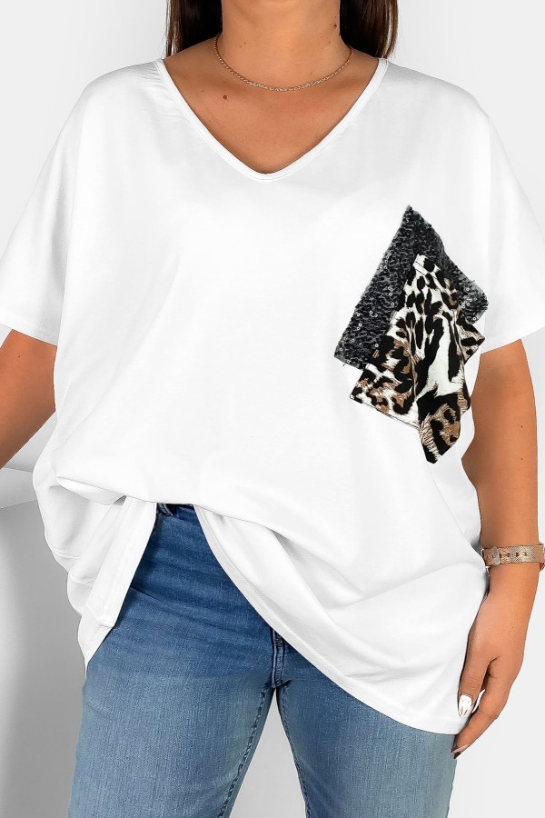 Bluzka damska T-shirt plus size w kolorze białym podwójna kieszeń cekiny gepard