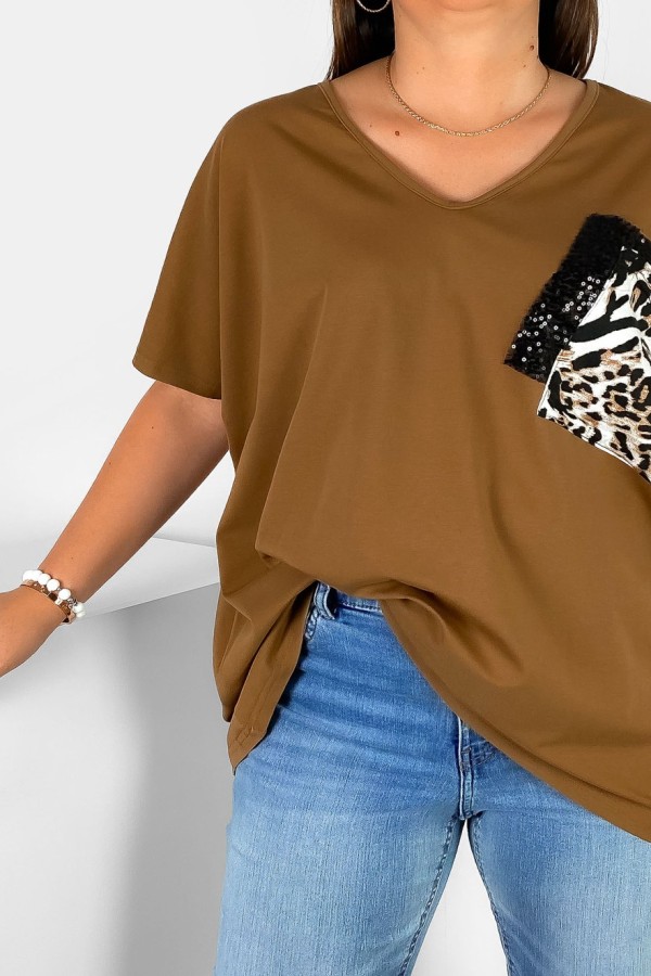 Bluzka damska T-shirt plus size w kolorze cynamonowym podwójna kieszeń cekiny gepard 1