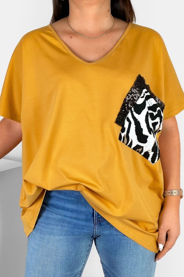 Bluzka damska T-shirt plus size w kolorze miodowym podwójna kieszeń cekiny gepard