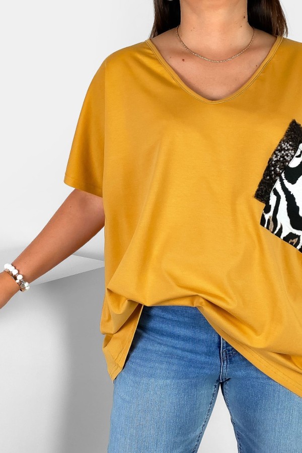 Bluzka damska T-shirt plus size w kolorze miodowym podwójna kieszeń cekiny gepard 1