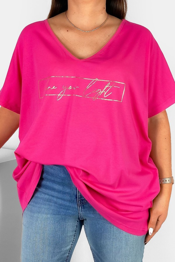 Bluzka damska T-shirt plus size w kolorze różowym złoty nadruk Shine your light