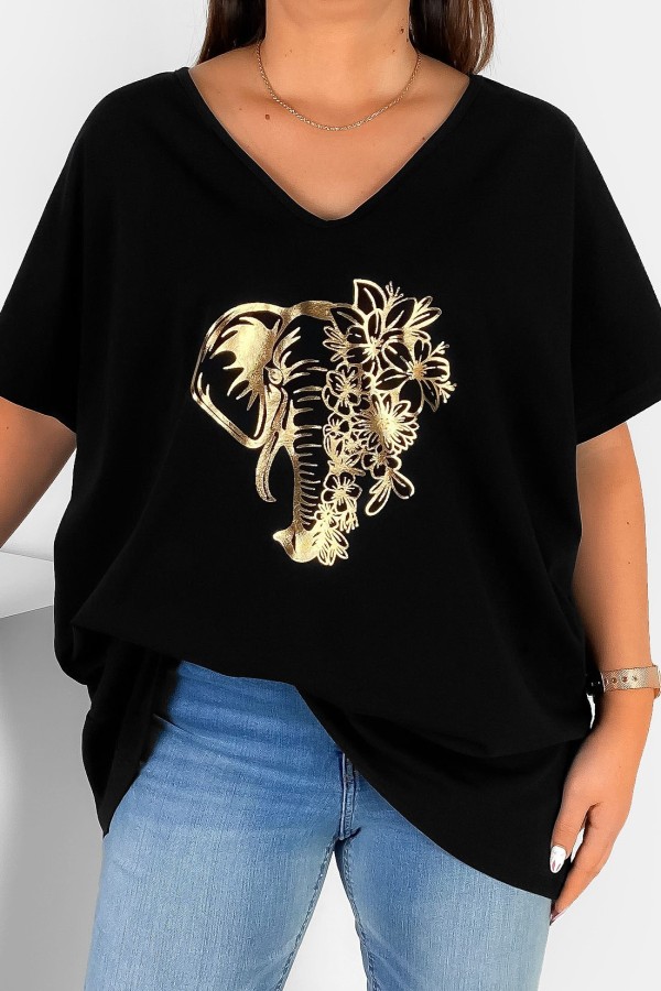 Bluzka damska T-shirt plus size w kolorze czarnym złoty nadruk kwiaty słoń