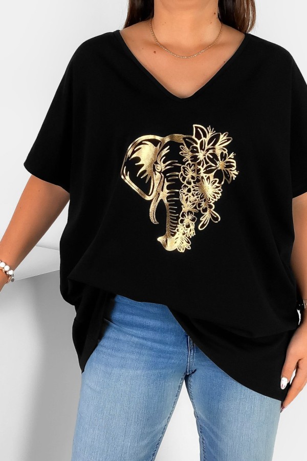 Bluzka damska T-shirt plus size w kolorze czarnym złoty nadruk kwiaty słoń 1