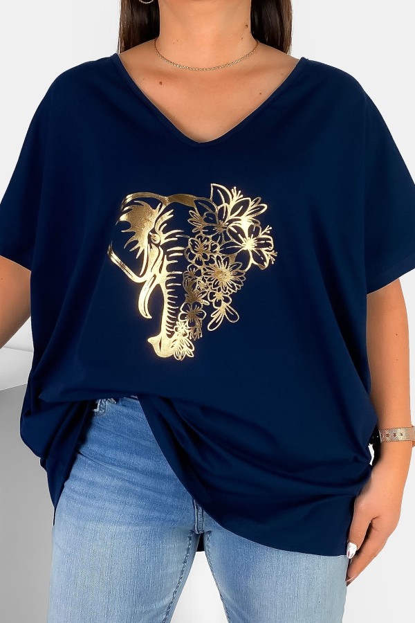 Bluzka damska T-shirt plus size w kolorze granatowym złoty nadruk kwiaty słoń