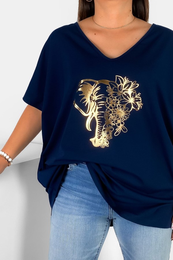Bluzka damska T-shirt plus size w kolorze granatowym złoty nadruk kwiaty słoń 1