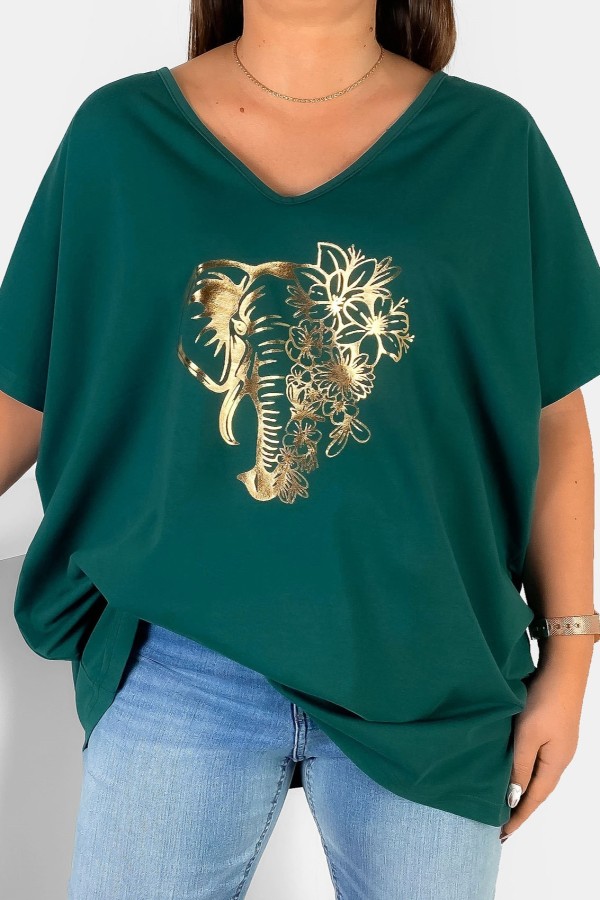 Bluzka damska T-shirt plus size w kolorze butelkowym złoty nadruk kwiaty słoń