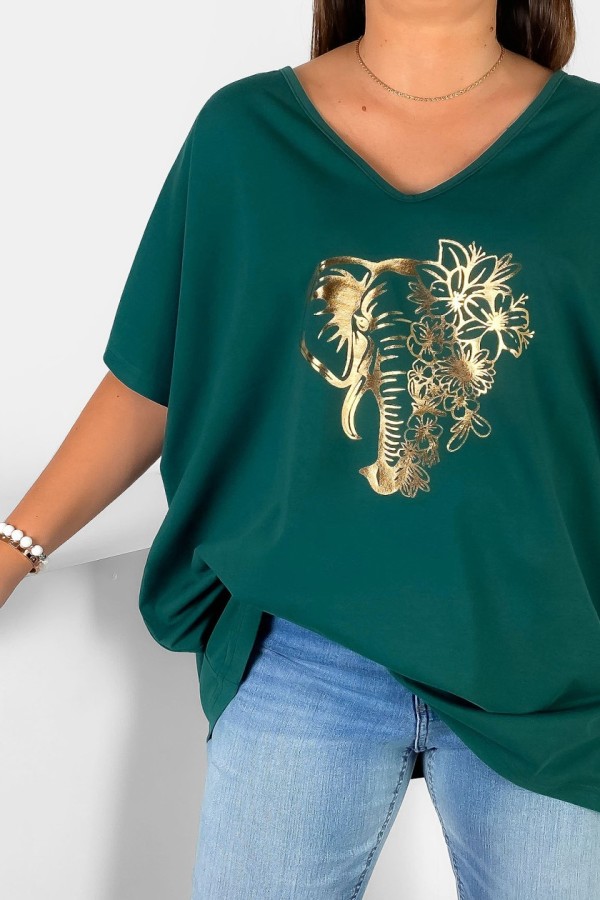 Bluzka damska T-shirt plus size w kolorze butelkowym złoty nadruk kwiaty słoń 1