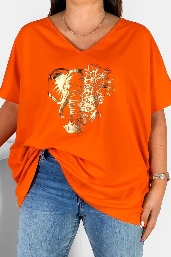 Bluzka damska T-shirt plus size w kolorze pomarańczowym złoty nadruk kwiaty słoń