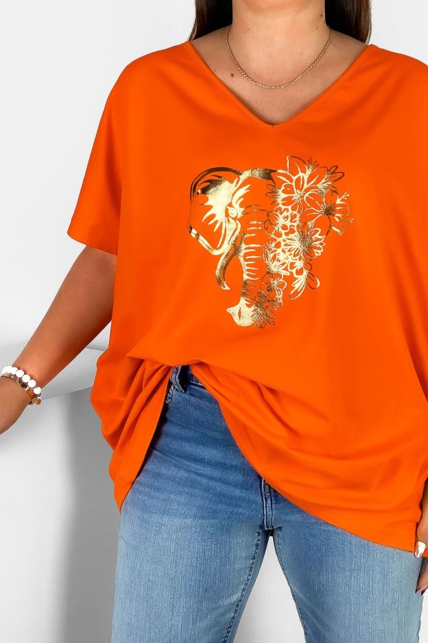 Bluzka damska T-shirt plus size w kolorze pomarańczowym złoty nadruk kwiaty słoń 1