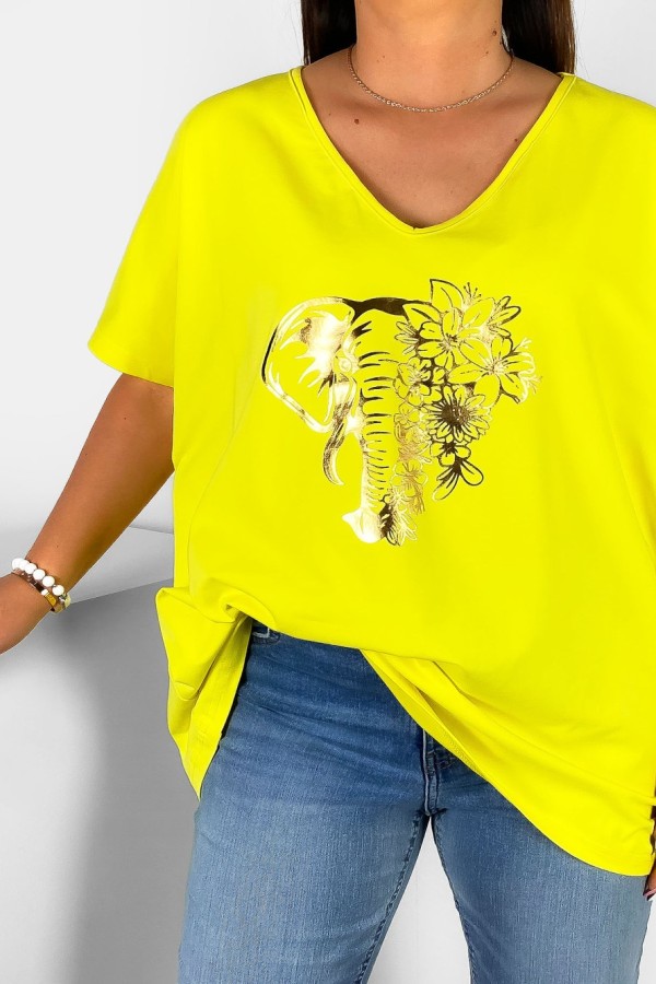 Bluzka damska T-shirt plus size w kolorze żółtym złoty nadruk kwiaty słoń 1