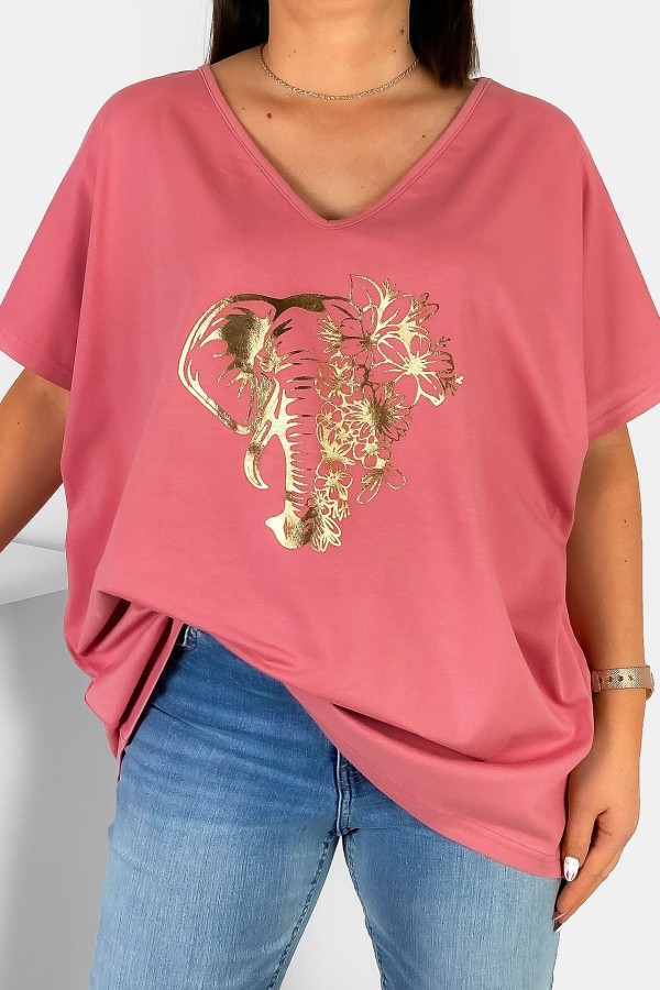 Bluzka damska T-shirt plus size w kolorze indyjskiego różu złoty nadruk kwiaty słoń