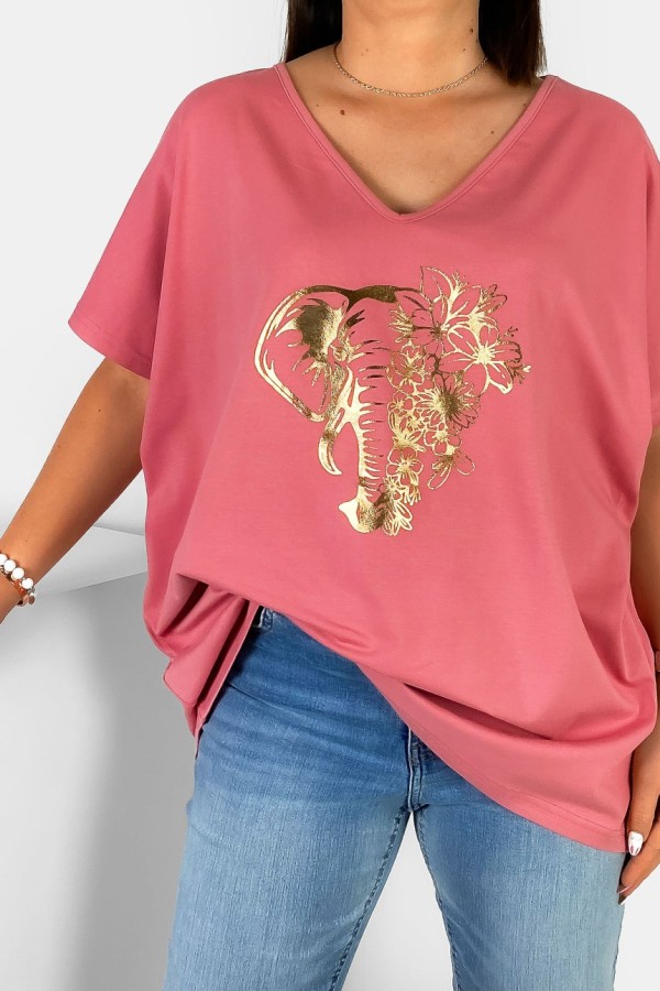 Bluzka damska T-shirt plus size w kolorze indyjskiego różu złoty nadruk kwiaty słoń 1