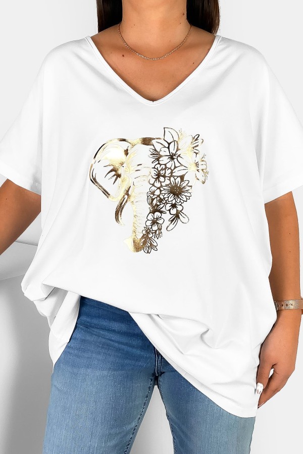 Bluzka damska T-shirt plus size w kolorze białym złoty nadruk kwiaty słoń