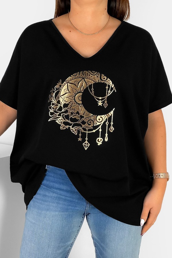 Bluzka damska T-shirt plus size w kolorze czarnym złoty nadruk kwiaty księżyc