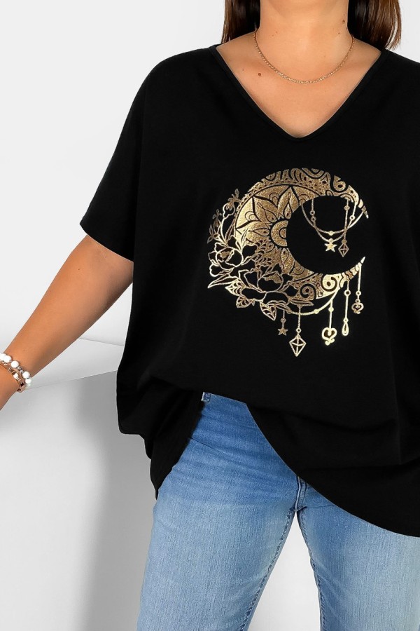 Bluzka damska T-shirt plus size w kolorze czarnym złoty nadruk kwiaty księżyc 1