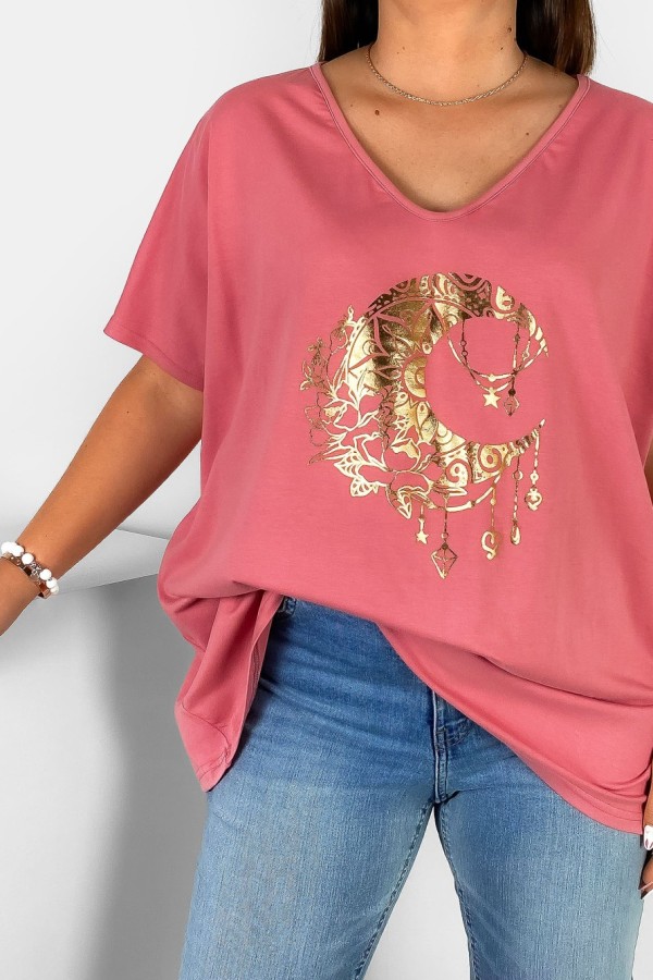 Bluzka damska T-shirt plus size w kolorze indyjskiego różu złoty nadruk kwiaty księżyc 1