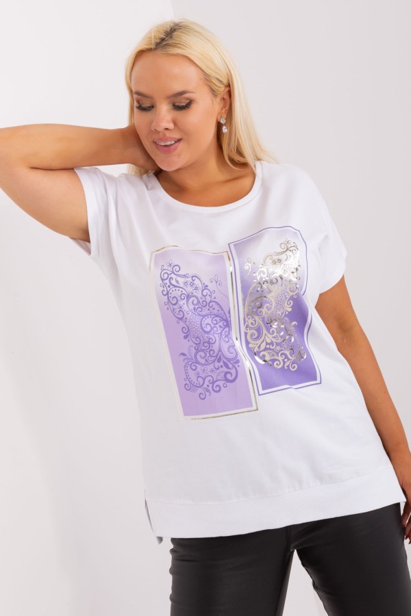 Bluzka damska T-shirt plus size w kolorze białym print fiolet picture rozcięcia Agela 5