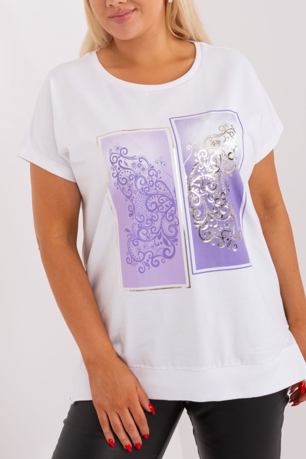 Bluzka damska T-shirt plus size w kolorze białym print fiolet picture rozcięcia Agela