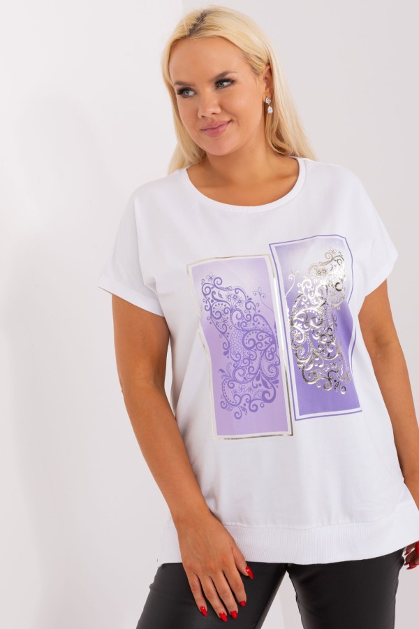 Bluzka damska T-shirt plus size w kolorze białym print fiolet picture rozcięcia Agela 1