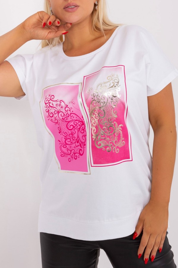 Bluzka damska T-shirt plus size w kolorze białym print róż picture rozcięcia Agela