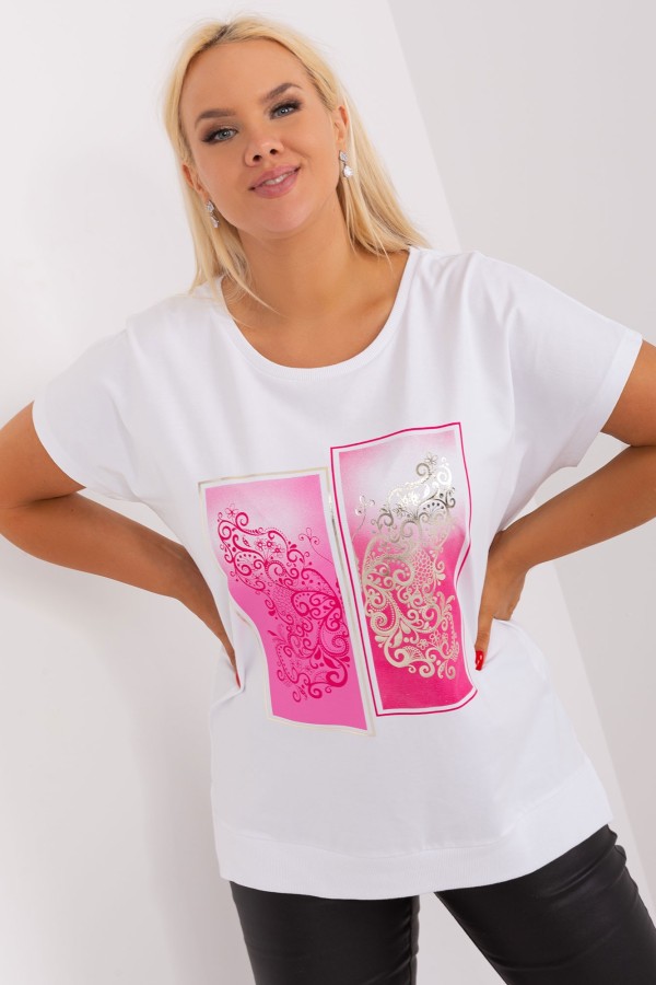 Bluzka damska T-shirt plus size w kolorze białym print róż picture rozcięcia Agela 1