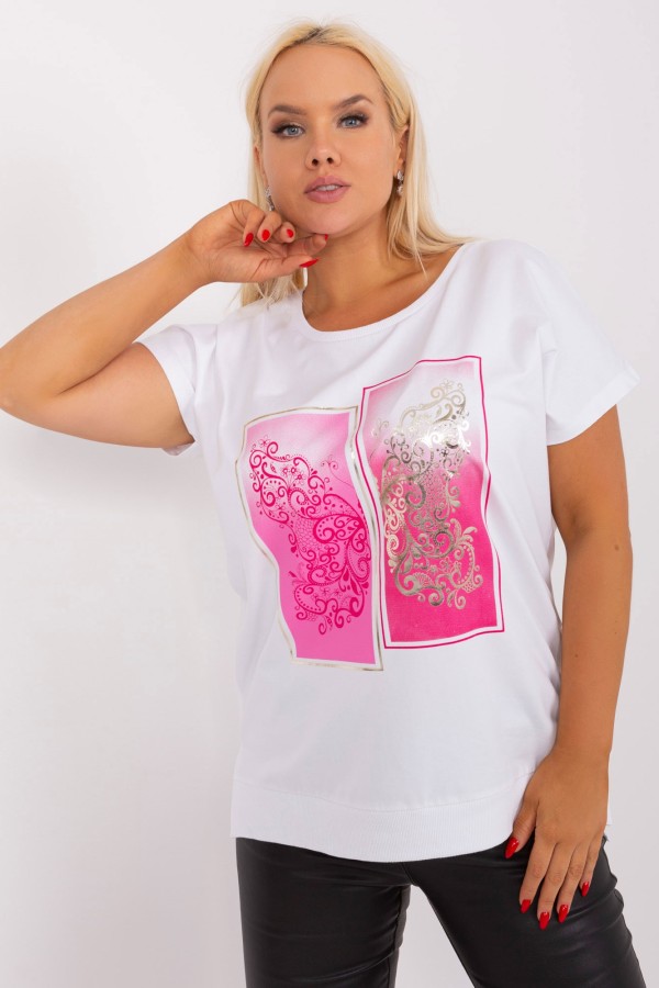 Bluzka damska T-shirt plus size w kolorze białym print róż picture rozcięcia Agela 3