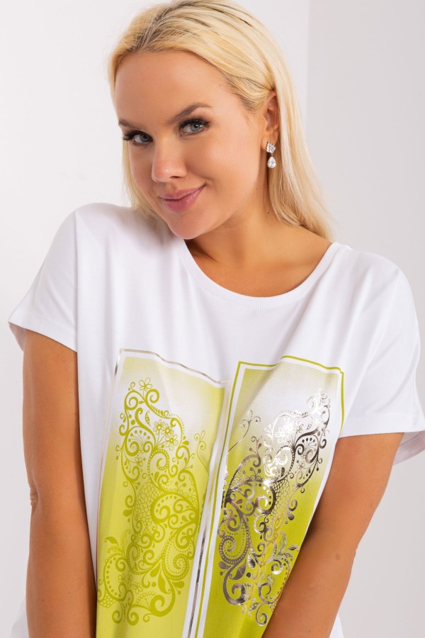 Bluzka damska T-shirt plus size w kolorze białym print limonka picture rozcięcia Agela 3
