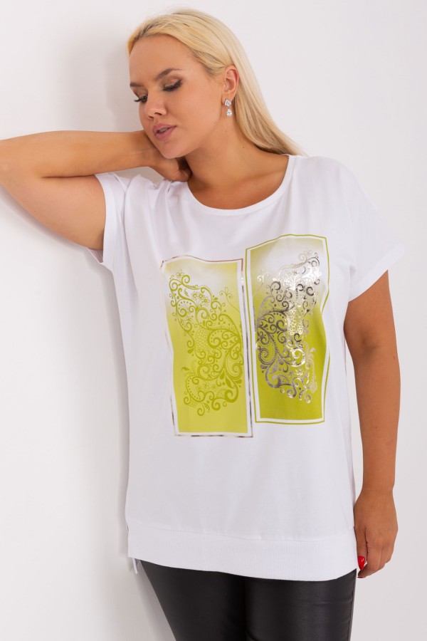 Bluzka damska T-shirt plus size w kolorze białym print limonka picture rozcięcia Agela 6