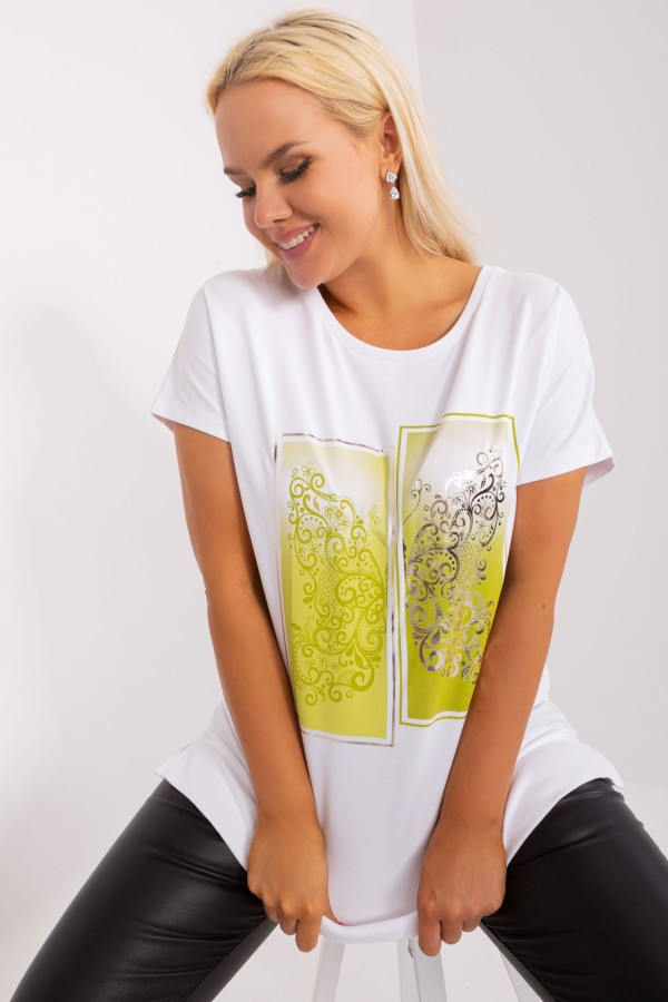 Bluzka damska T-shirt plus size w kolorze białym print limonka picture rozcięcia Agela 1