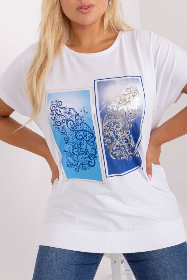 Bluzka damska T-shirt plus size w kolorze białym print blue picture rozcięcia Agela