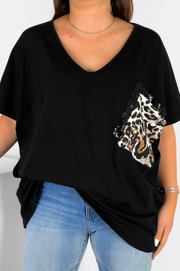 Bluzka damska T-shirt plus size w kolorze czarnym podwójna kieszeń cekiny gepard