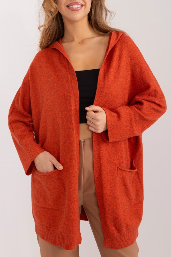 Sweter damski oversize w kolorze ceglastym narzutka milutki kardigan z kapturem Twist