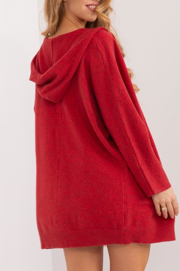 Sweter damski oversize w kolorze czerwonym narzutka milutki kardigan z kapturem Twist