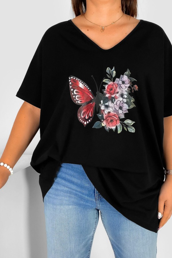 Bluzka damska T-shirt plus size w kolorze czarnym nadruk motyl róże 1