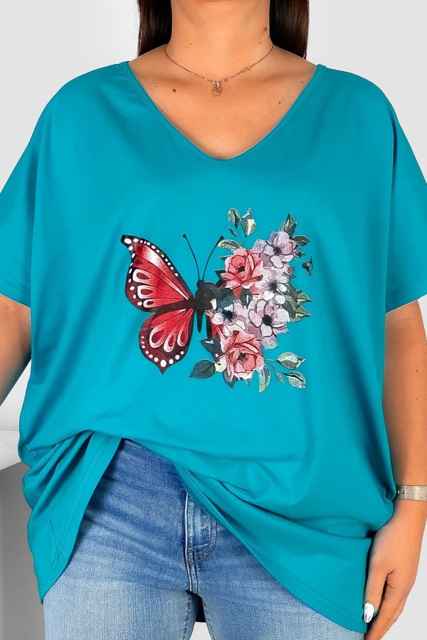 Bluzka damska T-shirt plus size w kolorze morskim nadruk motyl róże