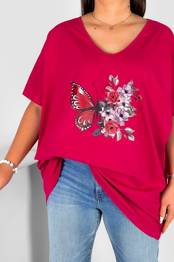 Bluzka damska T-shirt plus size w kolorze malinowym nadruk motyl róże 1