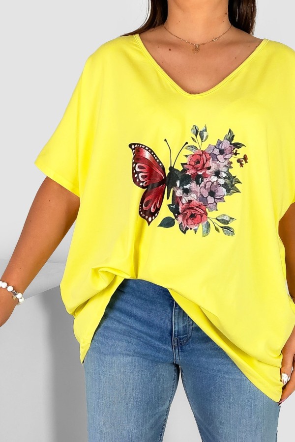 Bluzka damska T-shirt plus size w kolorze żółtym nadruk motyl róże 1