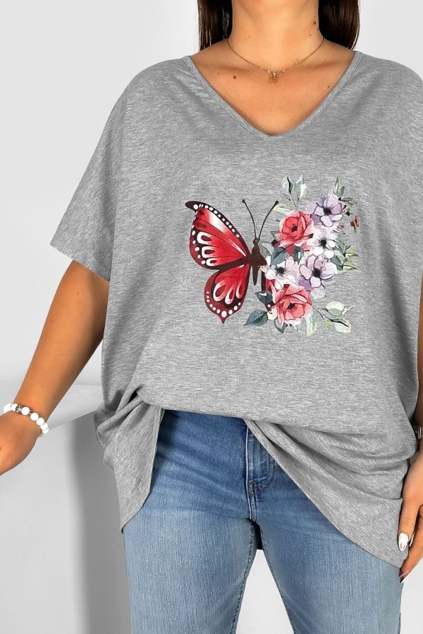 Bluzka damska T-shirt plus size w kolorze szarego melanżu nadruk motyl róże 1
