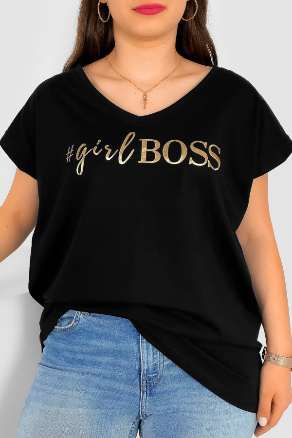 T-shirt damski plus size nietoperz dekolt w serek V-neck czarny Girl BOSS