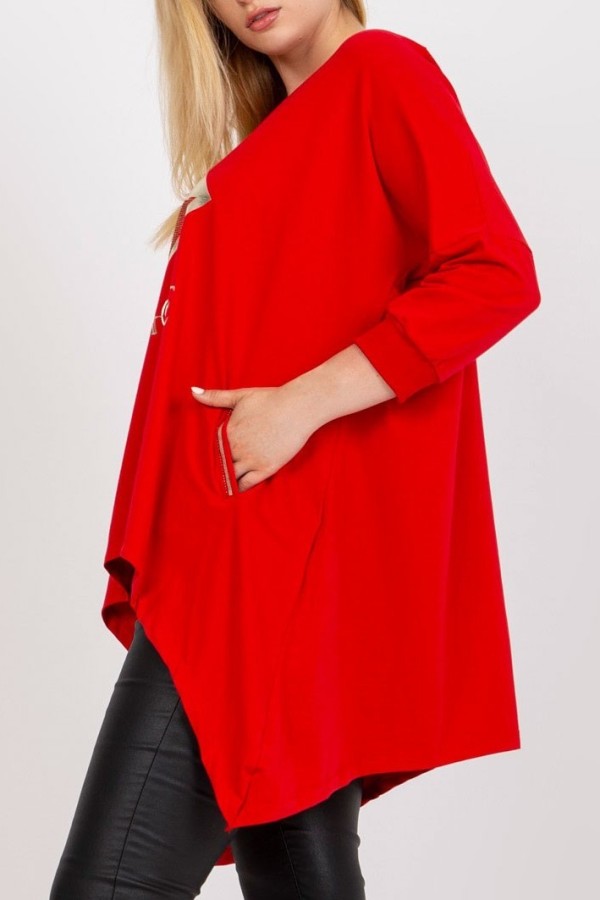 Asymetryczna bluzka tunika damska w kolorze czerwonym z kieszeniami vintage