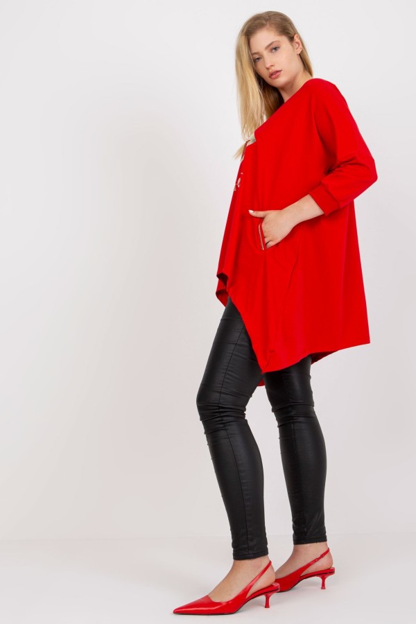 Asymetryczna bluzka tunika damska w kolorze czerwonym z kieszeniami vintage 2